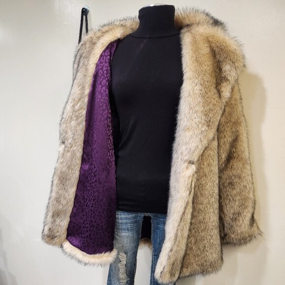 💋BOHO CLAM💋VTG 70s Vibe Lux Chunky Vegan Topped Fox Fur Coat in Beige & Black - Picture 12 of 16